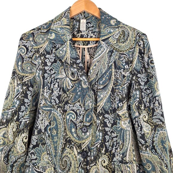 Sunset Cove Paisley Tapestry Blazer Size 14. Blue Black Gold Threads Floral - Picture 3 of 14